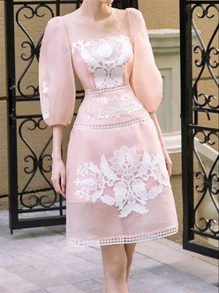 

Женское платье с квадратным вырезом, элегантное розовое платье с вышивкой, кружевным рукавом-фонариком и высокой талией, лето-весна 2022
