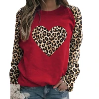 womens leopard patchwork long sleeve heart print loose t shirt fashion round neck love printing pullover top bottoming tee shirt