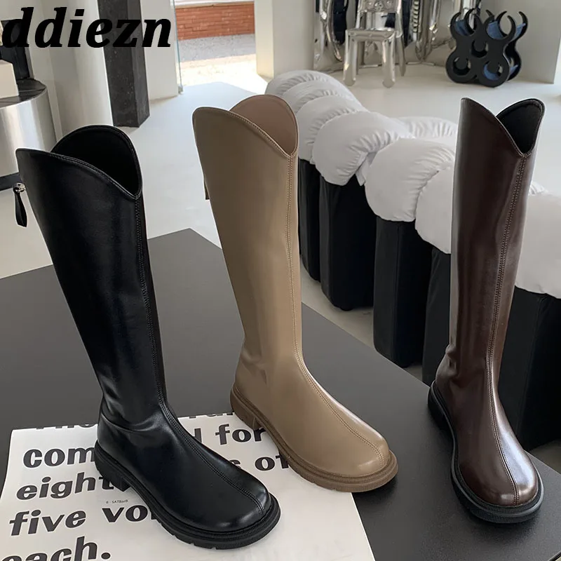 

Autumn Spring Knee High Boots For Ladies 2023 New Fashion Round Toe Female Low Heel Shoes Modern Women Chelsea Boots Zippers