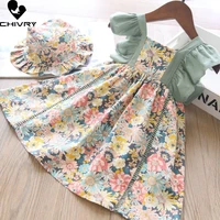 summer 2022 girls dresses kids baby girl floral print sleeveless lace up ruffles a line dress fashion princess dresses with hat