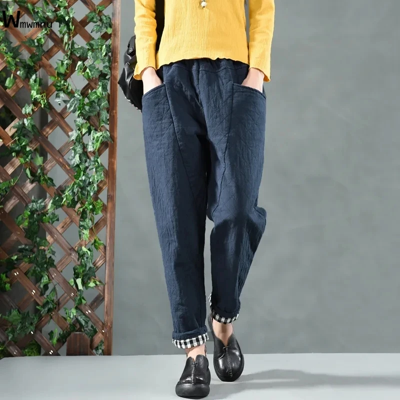 

Casual Elastic Waist Cuff Warm Harem Pantalones Mother's Pocket Baggy Thicken Trousers Autumn Winter Vintage Black Pants Women