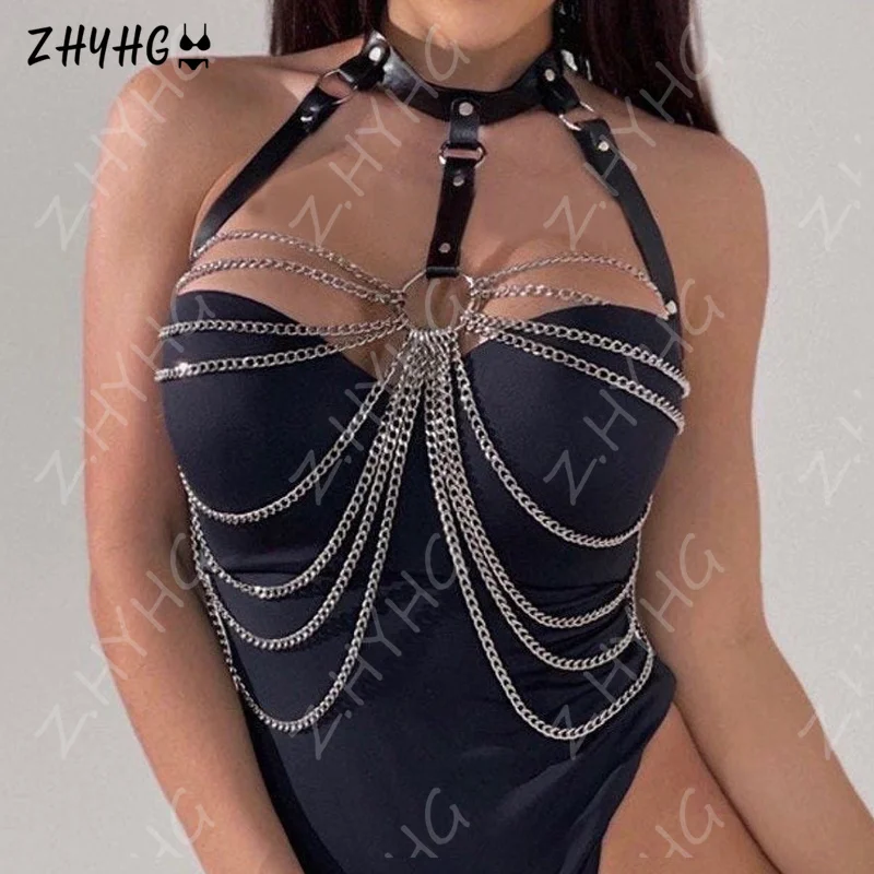 

Women Sexy Chain Punk Garters Faux Leather Body Bondage Cage Sculpting Harness Waist Belt Straps Suspenders Goth Harajuku Belt