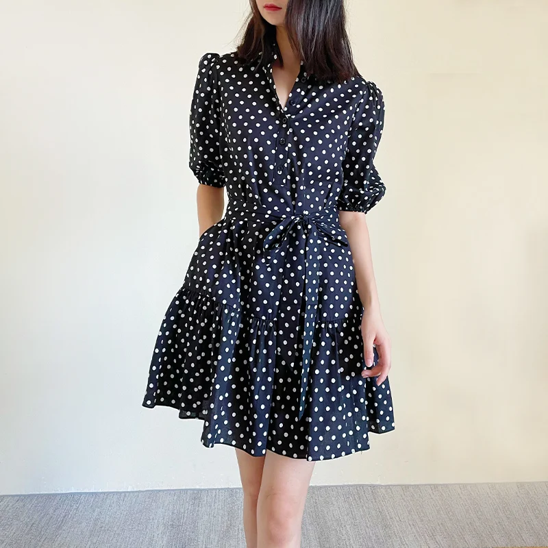 

Black White Spot Print Mini Layers Half Sleeves Dress XS-XL US Fashion