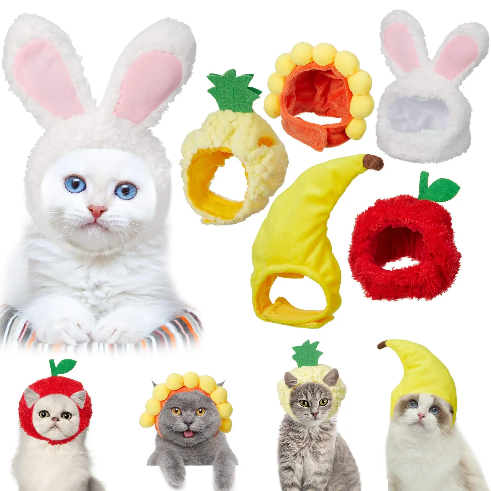 

Cute Pet Hat with Rabbit Ears Sunflower Fruit Party Costume Animal-Safe Cotton Adjustable Cat Dog Costume