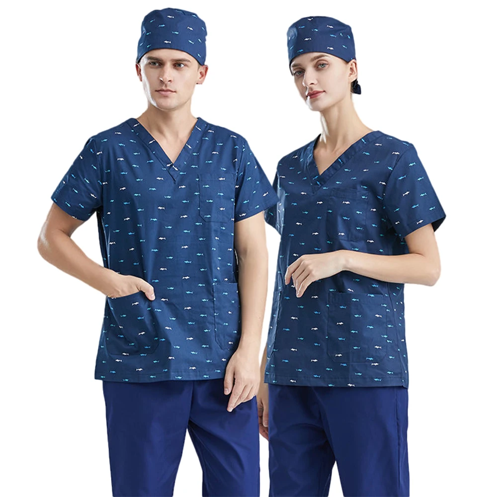 

Shark Print Veterinaria Men Scrub Tops for Women Uniformes Clinicos Scrubs Classic V Neck Short Sleeve Patterns Plus Size Top