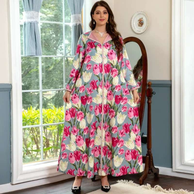 Eid Ramadan Jilbab Muslim Abayas For Women 2023 New Boho Retro Printed Maxi Dress Long Sleeve Summer Kimono Arab Dresses