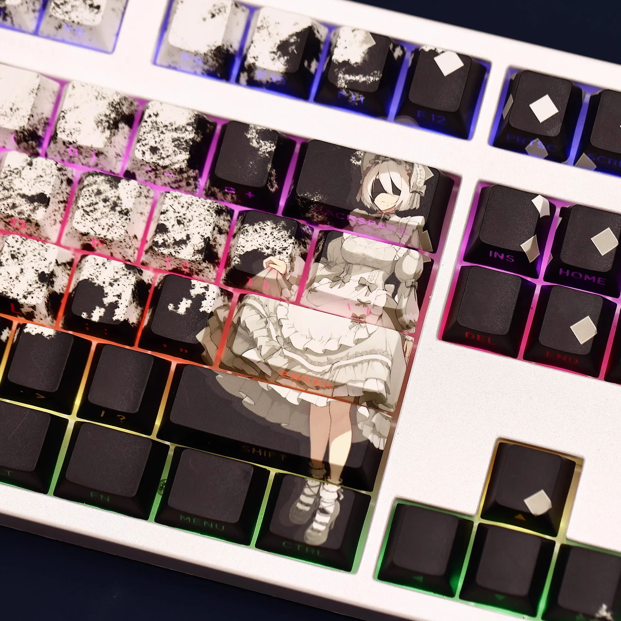 Фото 108 клавиш YoRHa No2 White Maid Edition Keycap PBT Dye Subbed Side с принтом и подсветкой Колпачки для клавиш в стиле аниме для ANSI 61 87 104 108 №4