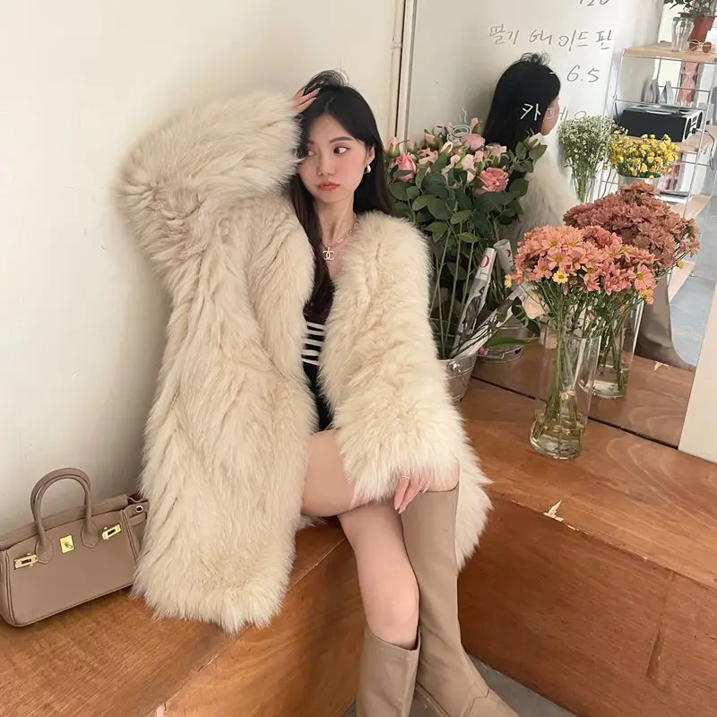 

2023 New Fox Fur Double sided Woven Women Winter Long and Young Fur Jacket