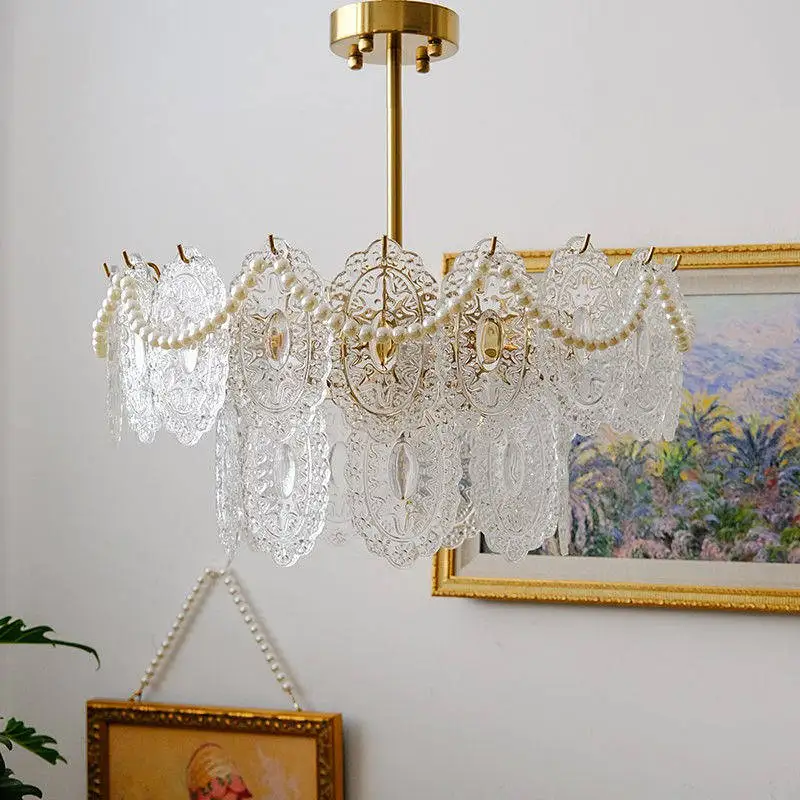 

French Crystal Chandelier Living Room Lustres De Cristal Decoration and Chandeliers Warm Home Lighting Indoor Pearl Lamp