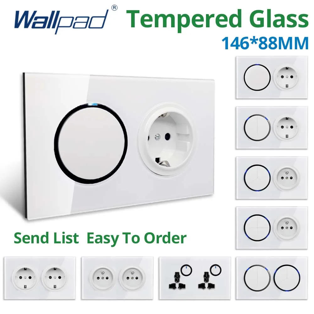 

Wallpad USB EU UK Electric Socket Outlet Wall 1 2 3 4 Gang Switch White 146*88mm Double Glass Panel Round Button