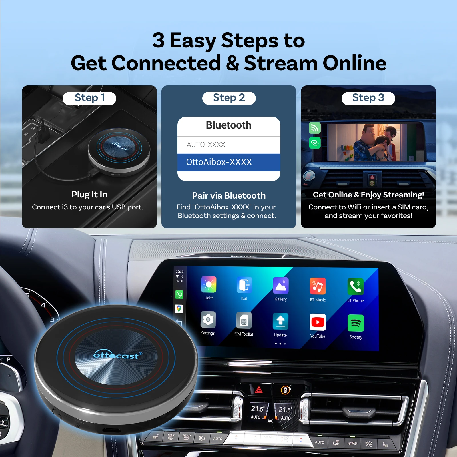 OTTOCAST I3 AI Box Android 13 8+128 ГБ с беспроводным CarPlay и Android Auto, Netflix, YouTube, Play Store, совместим с OEM-устройствами с беспроводным CarPlay. (art.: 3920d858549bc) - 3920d858549bc