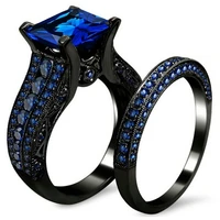 classic black gold rhinestone princess cut black or blue cz ring for women wedding engagement band bridal rings set size 5 12