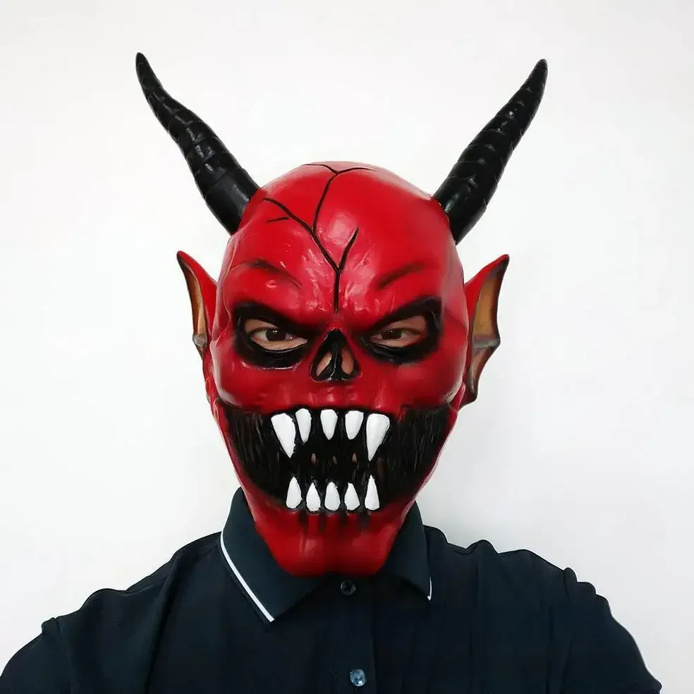 Red Devil Cosplay Costume Mask Adult Unisex Satan Headgear Monster Latex Demon Accessory Halloween Carnival Props