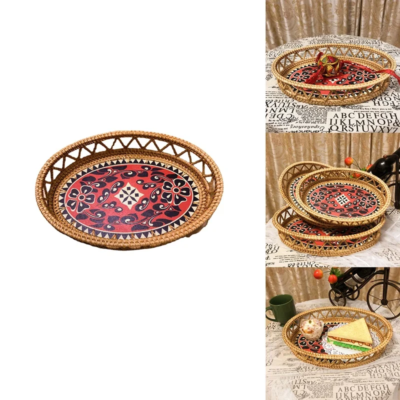 

Rattan Basket Hand-Woven Storage Basket Coffee Breakfast Severing Tray Food Storage Platters Bread Plate For Tea