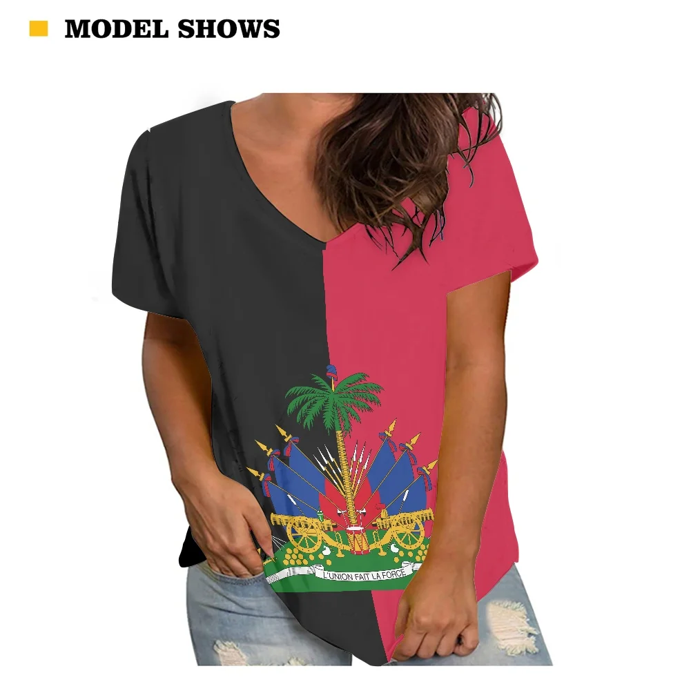 

2022 Summer Everyday Wear Shirt Large Size Women's V-Neck Short Sleeve Top Haiti Pattern Design Print T-shirt Long Swing
