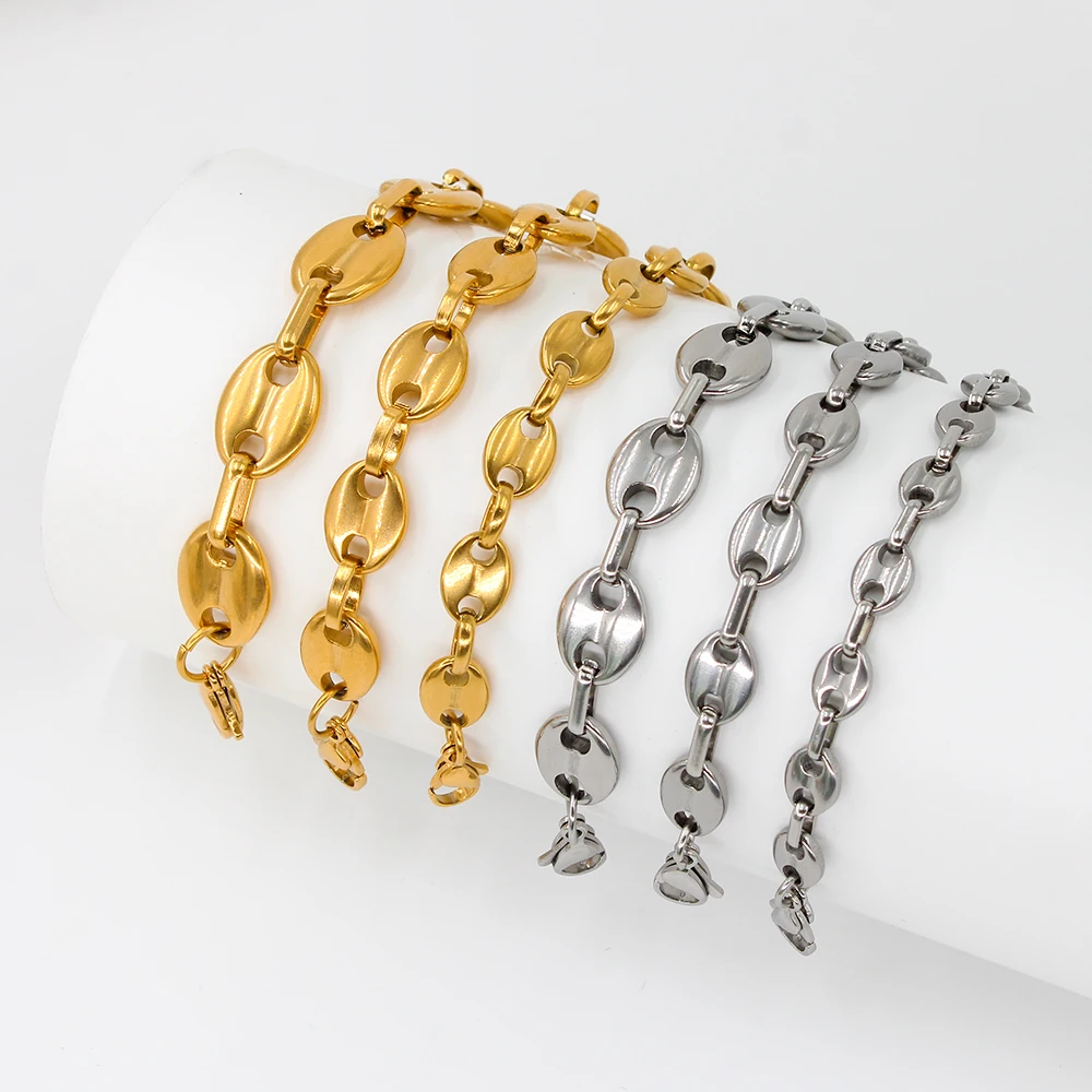 8-13mm Gold Plated Coffee Bean Chains Bracelet Men Women Stainless Steel Waterproof Jewelry Gifts