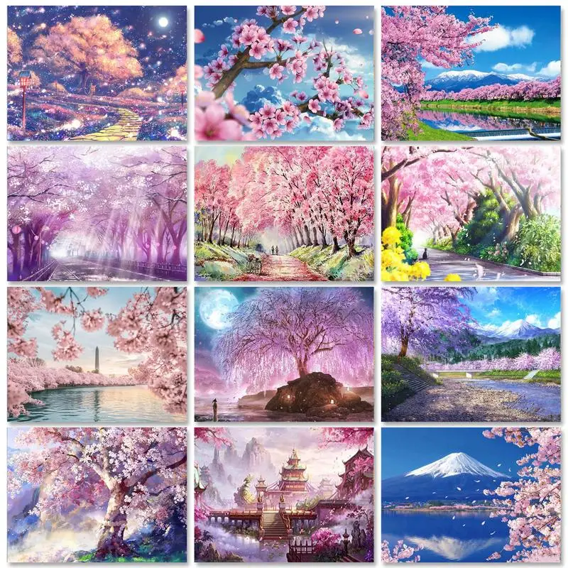 

RUOPOTY Cherry Blossoms Full Diamond Mosaic Picture Of Rhinestone Landscape Needlework Kit Diamond Painting Handmade Frame