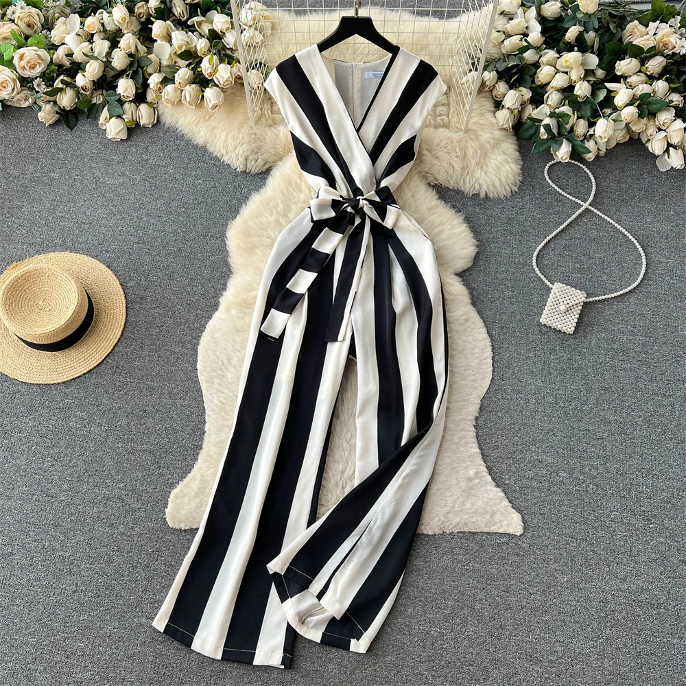 

Clothland Women Elegant Striped Jumpsuit V Neck Sleeveless Bow Tie Sashes One Piece Summer Long Playsuits Mujer KA351