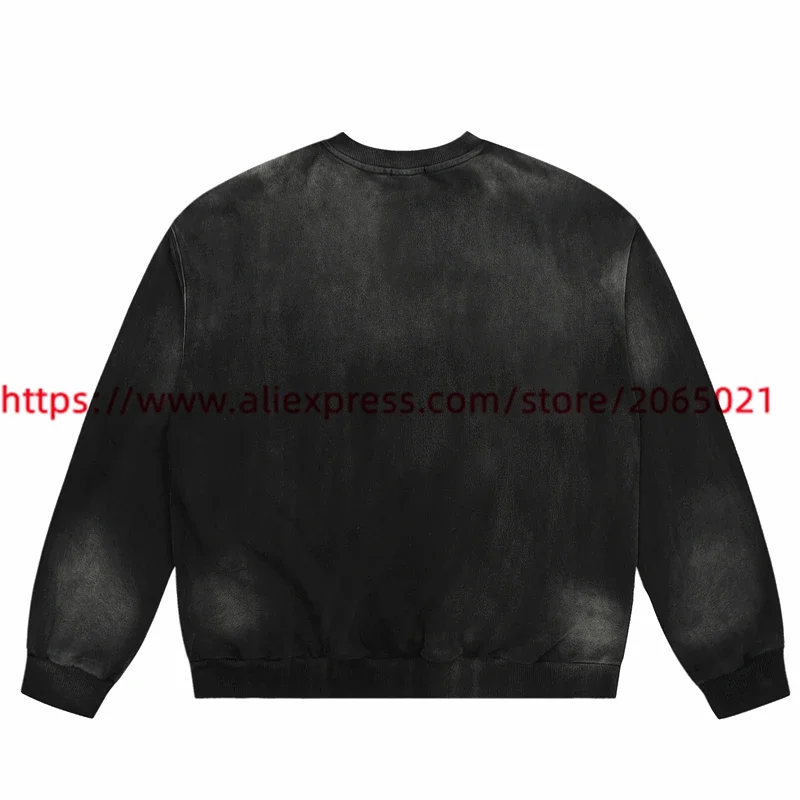 Черные потертые свитшоты Saint Tears с круглым вырезом мужские и женские