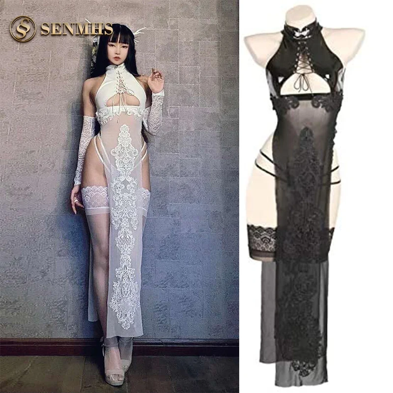 

SENMHS Chinese Traditional Cheongsam Choker Sexy Lingerie Hollow Out Dress Uniform Passion Velvet High Slit With Stocking Gloves