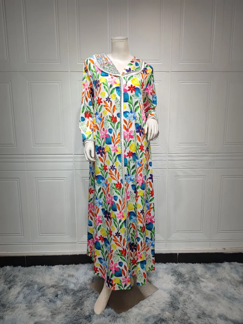 Floral Hot Fix Diamond Abaya Dress for Women Middle Eastern Dubai Turkey Arab Oman Islamic Clothing Ethnic Party Robe