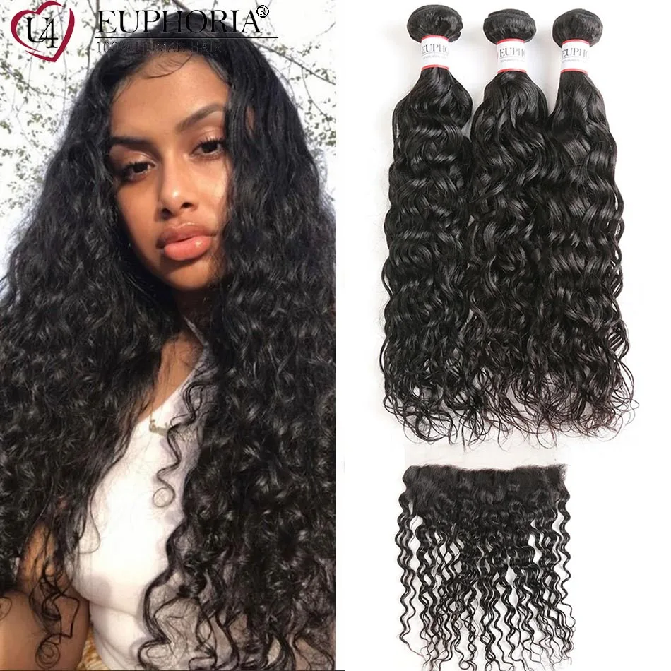 

Water Wave Brazilian Human Hair 3 Bundles With Closure Wavy Natural Color Bundles With 13x4 Lace Frontal Swiss Lace Euphoria