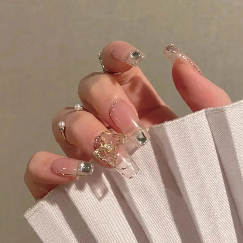 

Sdatter 24pcs Glitter Fake Nails Long Detachable Gold Bowknot Decals Ballerina False Nails with Glue Beauty Wedding Bride Nail A