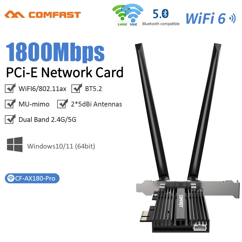 

1800Mbps Wifi 6 PCI Express Wireless Adapter Bluetooth 5.2 Dual Band 802.11AX/AC MT7921 PCIe Wi-fi Network Card Windows 10 11