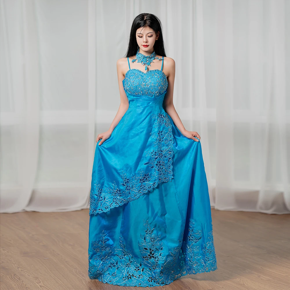 

Women Formal Prom Evening Dress Italian Shoulder Strap Style Sleeveless High Waist Blue Applique Elegant Graduation Dress