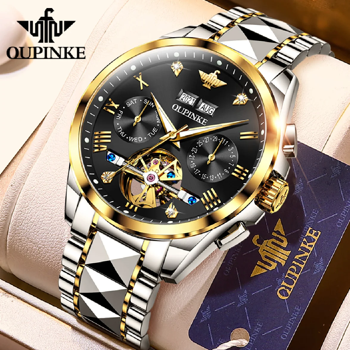 

OUPINKE Top Brand Men's Watches Luxury Sapphire Automatic Mechanical Watch for Man Tungsten Steel Tourbillon Wristwath Calendar