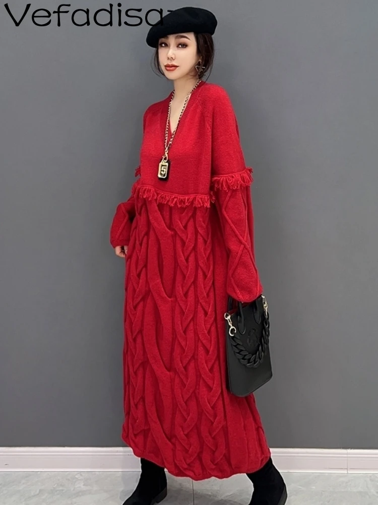 

Vefadisa 2023 Autumn V-neck Knitting Dress Loose Mid-length Tassels Splicing Fried Dough Twist Sweater Dress Women's LHX3565