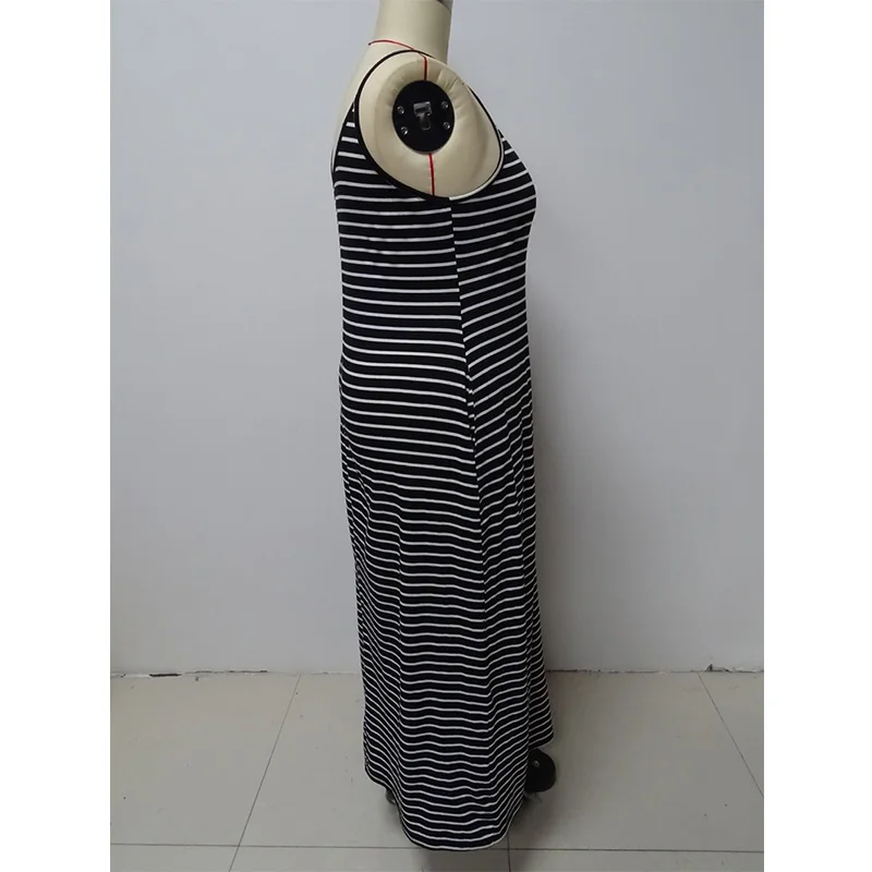 Summer Crew Neck Casual Striped Printed Sleeveless Plus Size Women's Clothing Patchwork Double Pockets A-line Slip Long Dress