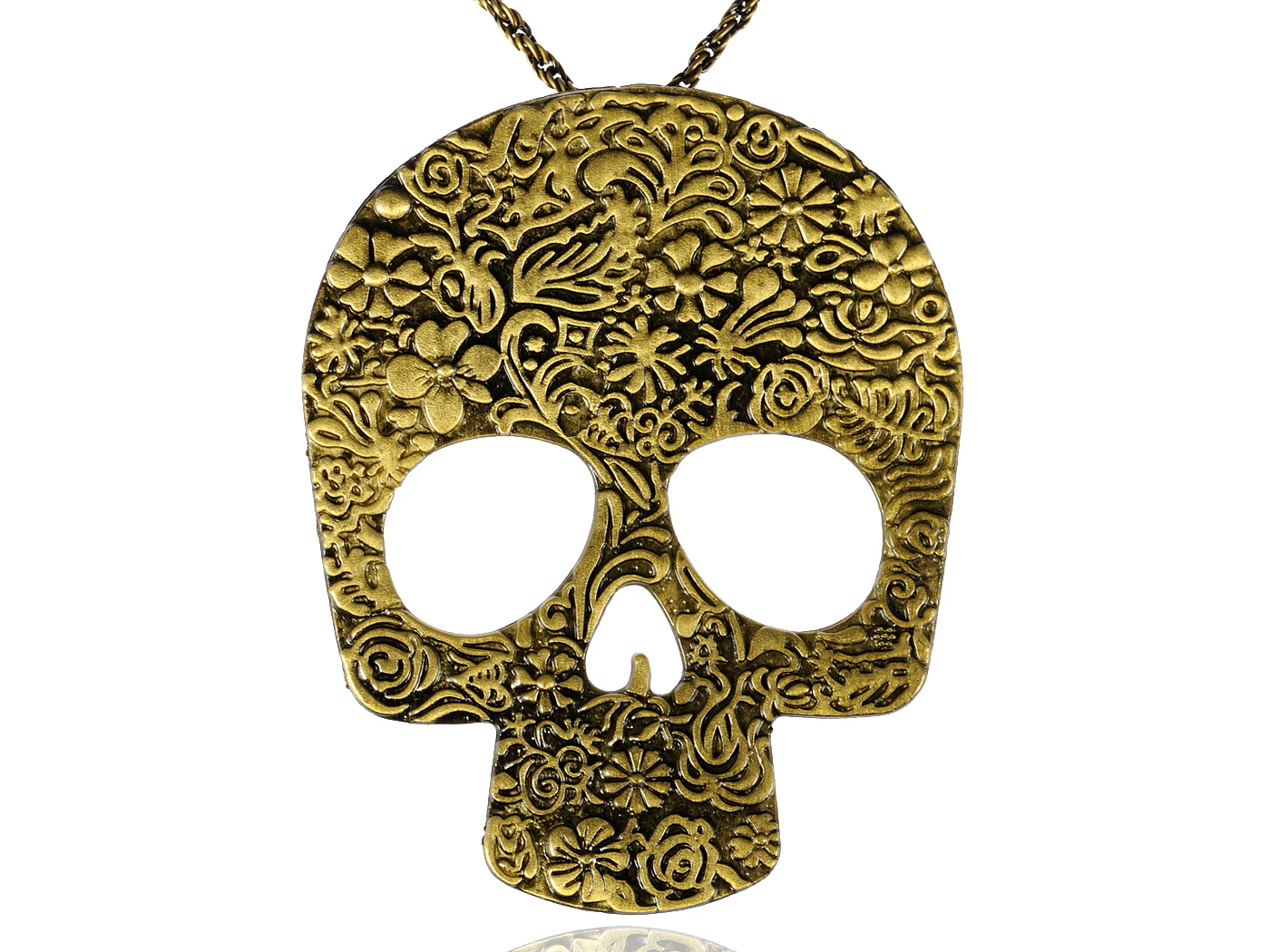 

Golden Flowers Vintage Dia De Los Muertos Skull Head Pendant Necklace