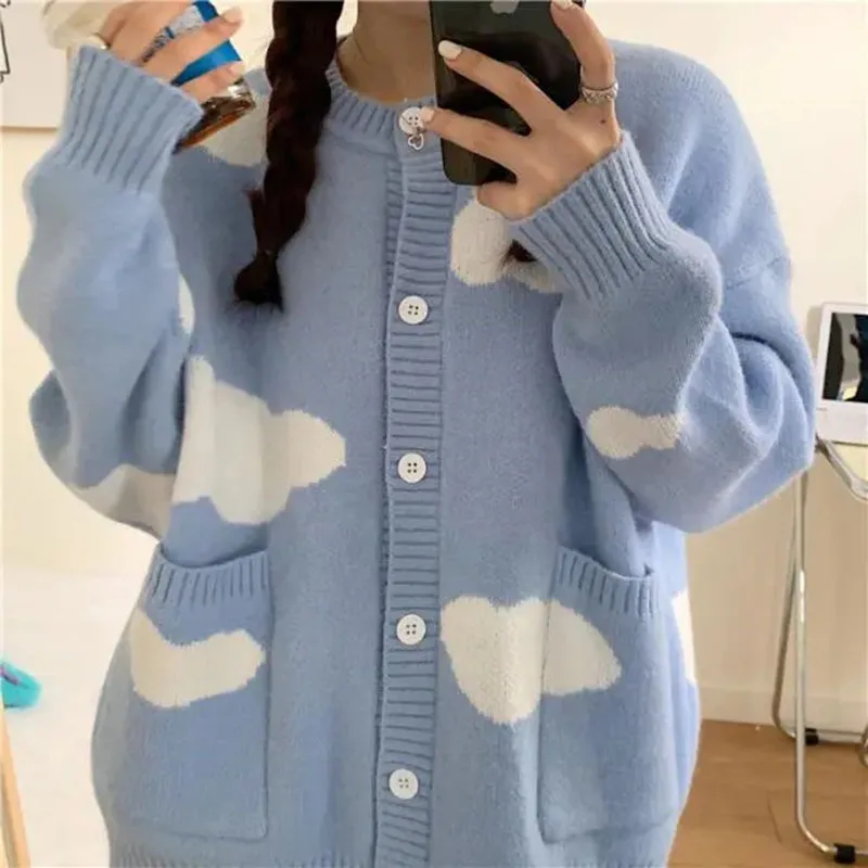 

Spring Autumn Korean Version Sweet Blue Sky White Cloud Tracksuit Women's Sweaters Loose Round Neck Student Sweater Jacket