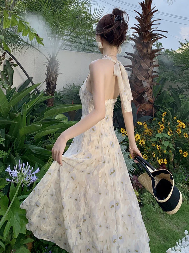 

Sweet Fairy Halterneck Birthday Dress Women Fashion Chiffon Beach Resort Dresses for Women 2023 Summer Print Designer Midi Dress