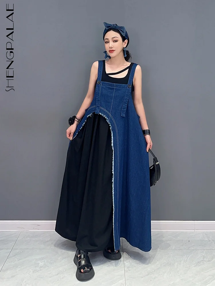 

SHENGPALAE Straps Dress For Women Fashion Denim Burrs Patchwork Square Collar Sleeveless Camis Vestido Summer 2023 New 5R4382