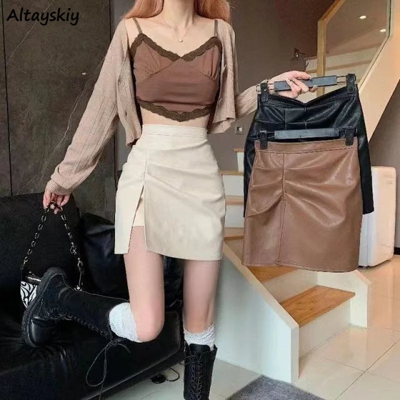 

Mini Skirt Women Irregular PU Sexy Slim Party Feminino Cozy Ins Design Korean Style Side-slit Simple Solid All-match Leisure New