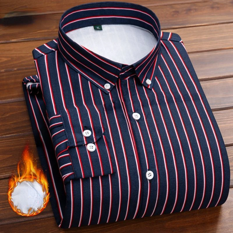 Autumn and Winter Men's Velvet Thickened Warm Shirt Korean Fashion Casual Young and Middle-aged Striped Long Sleeve Plaid Shirt