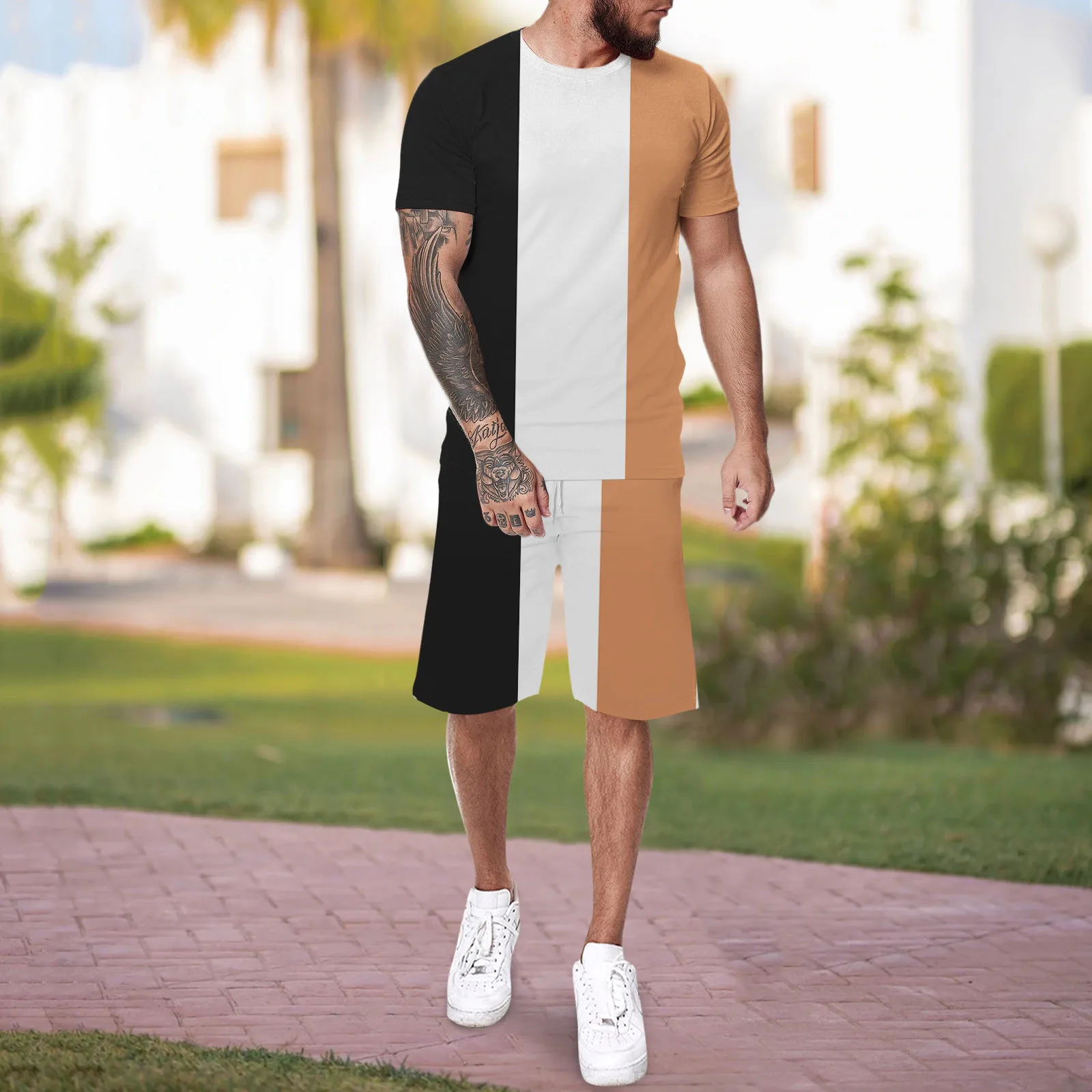 

Mens Tuxedo Men's Casual Tracksuits Short Sleeve Shorts Suit 2 Piece Outfit T Shirt and Shorts Set Blue Suit Pants Men