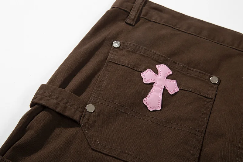 Cross Patch Embroidery Denim Pants Mens High Street Casual Jeans Streetwear Straight-leg Pants Trousers Men