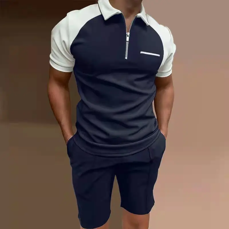 2023 Summer Men's Business Style Suit Stitching Slim Polo Shirt Drawstring Shorts Men's Clothing 2-Piece Set S-3XL