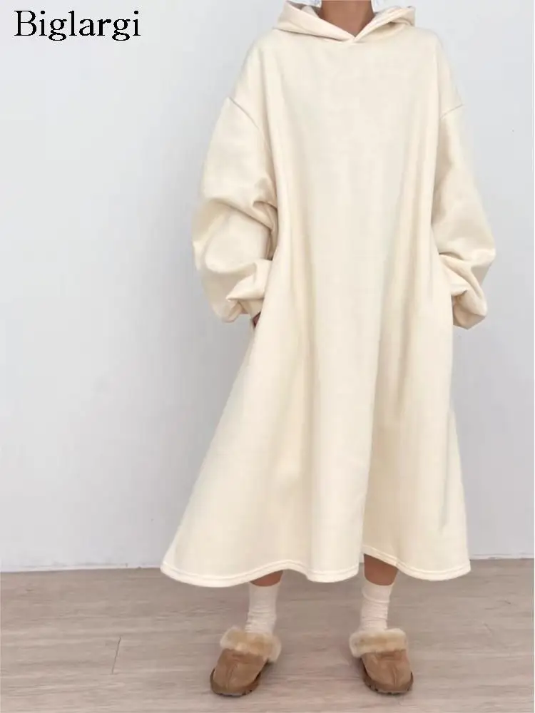 

Autumn Winter Long Sweatshirt Hoodies Dress Women Korean Long Sleeve Pleated Ladies Dresses Modis Loose Casual Woman Dress 2023