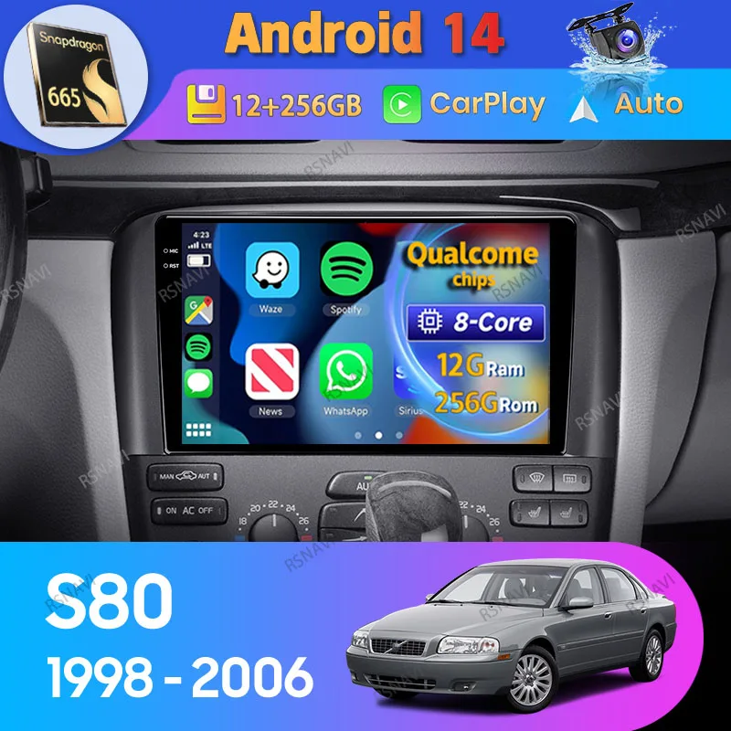 Автомагнитола на Android 14 с GPS для Volvo S80 1 1998 1999 2000 - 2006 Carplay автонавигация 2 Din видео DSP