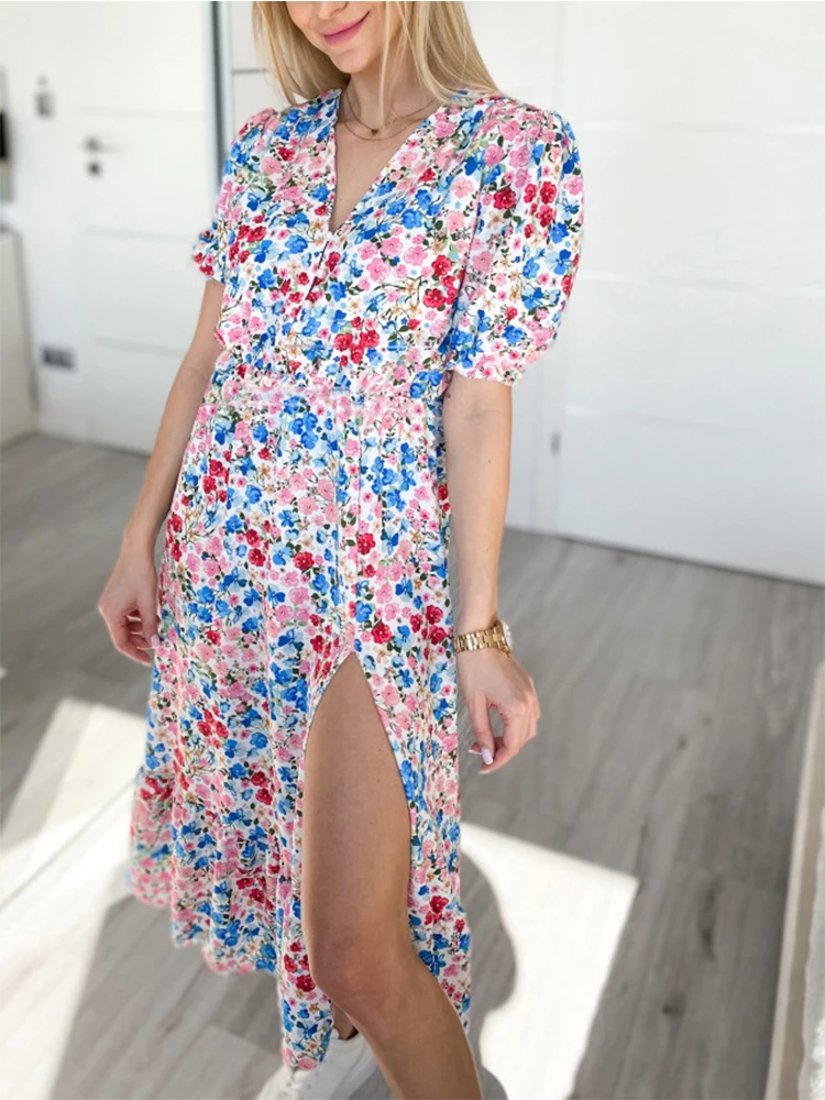 

Elegant Floral Printed Short Sleeve Dress Summer Casual Waist Slim A-Line Beach Dress New Women V Neck Slit Party Dress Vestidos