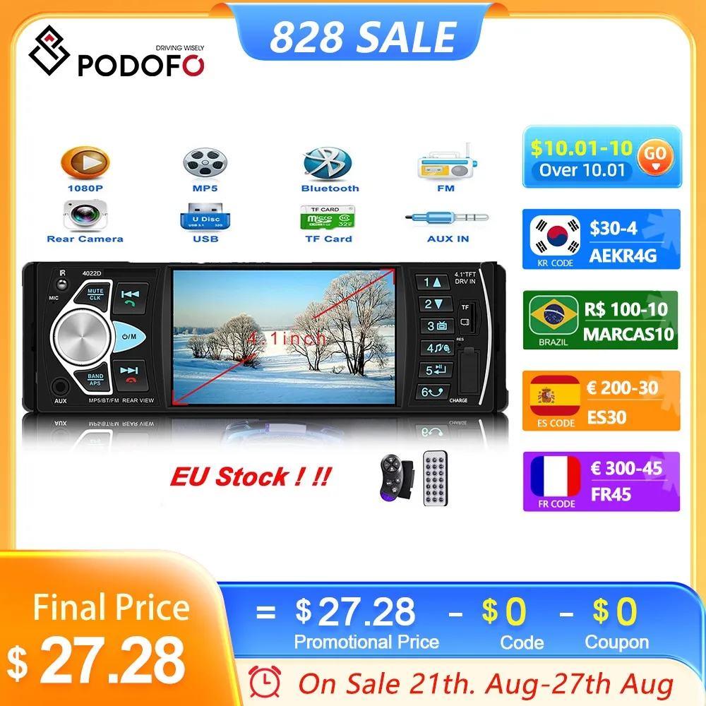 Автомагнитола Podofo 4022D, 1 Din, 4,1 дюйма, Bluetooth, FM-приемник, USB, поддержка камеры заднего вида и управления рулевым колесом