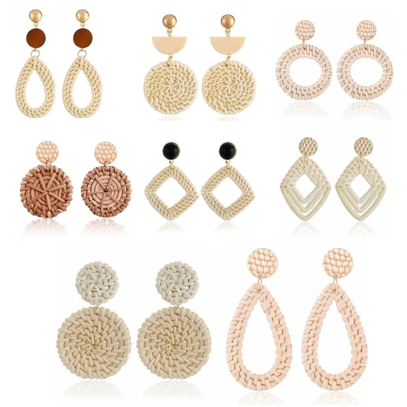 

Rattan Earrings for Women Girls-Summer Beach Straw Earrings Fashion Dangle Drop Earrings Geometric Statement Earrings