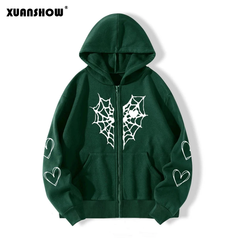 XUANSHOW Autumn Winter Loose Unisex Hoodies Gothic Harajuku Y2k Clothes Spider Web&Heart Print Zip Up Thermal Cardigan Coat