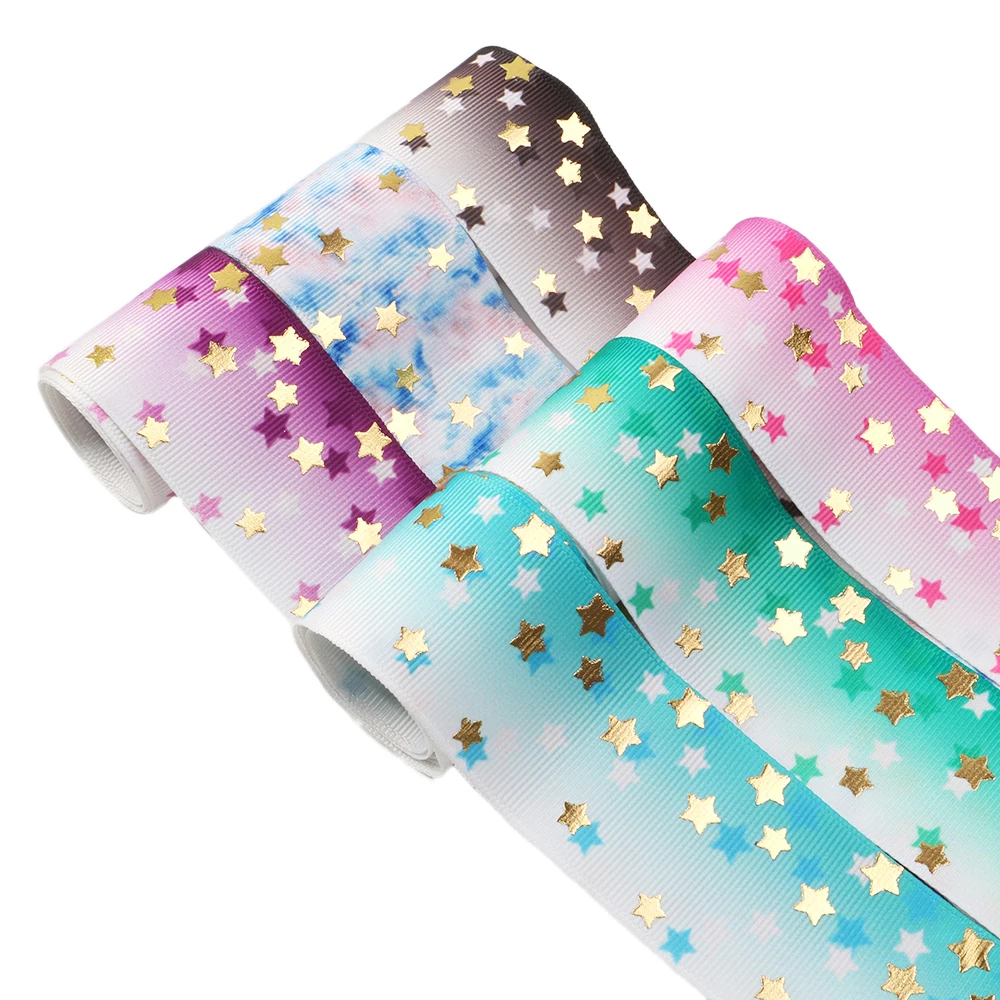 

38MM 50Yards Starfish Gradient Color Gold Foil Grosgrain Ribbon DIY For Crafts, Hair Bows, Gift Wrapping, Wedding Party Decor