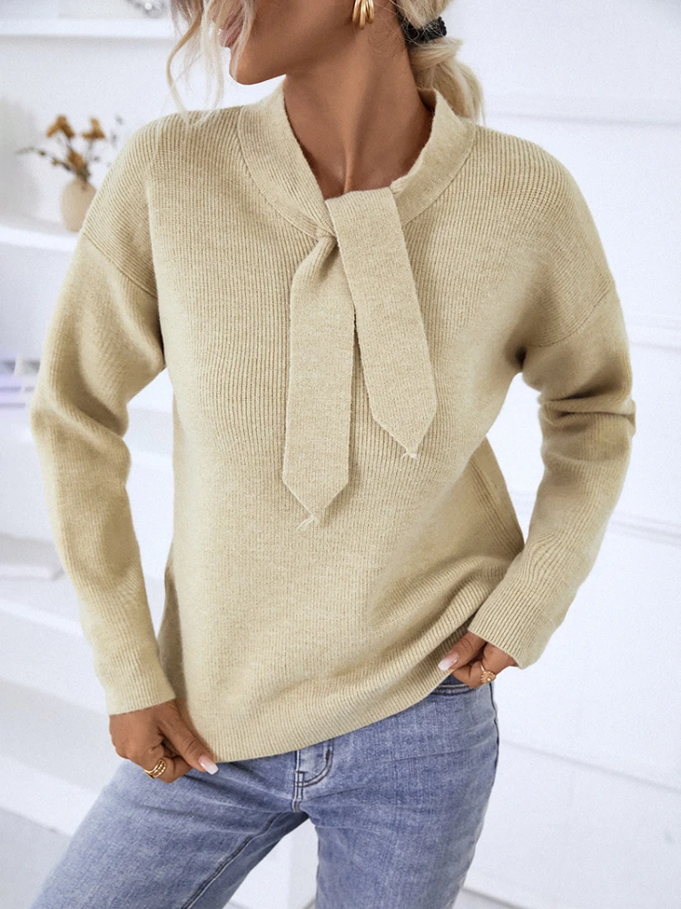 

Ladies Elegant Lace-up Scarf Collar Knitting Sweaters Women 2022 New Autumn Winter Long Sleeve Jumpers Woman Casual Sweater Tops