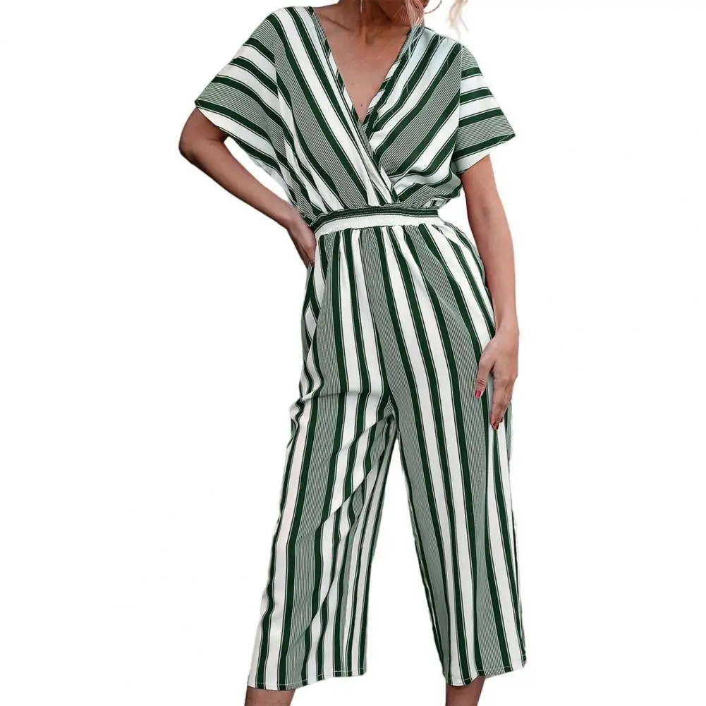 

Fashion Womens Jumpsuit Casual Loose Wide Leg Overalls Lady Jumpsuit Stripe Printing V Neck Tight Waist Summer Romper for Dating